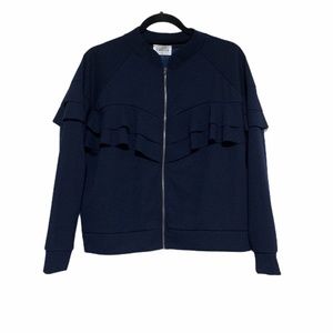Emilia Ruffle Front Bomber Jacket in Navy Sz S NWT